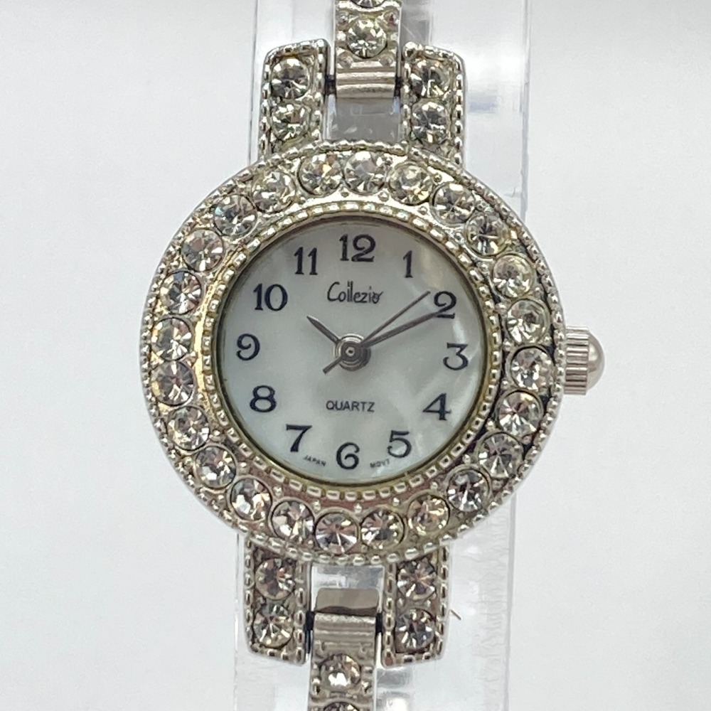 Collezio Womens Watch 22mm Silver Tone Crystals Bling MOP Dial New Battery 6.75"